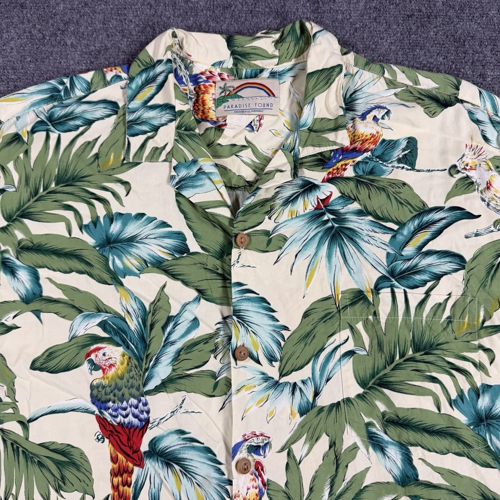 Vintage Paradise Found Parrot Shirt Mens XL Hawaiian Tropical Rayon Flaw Read